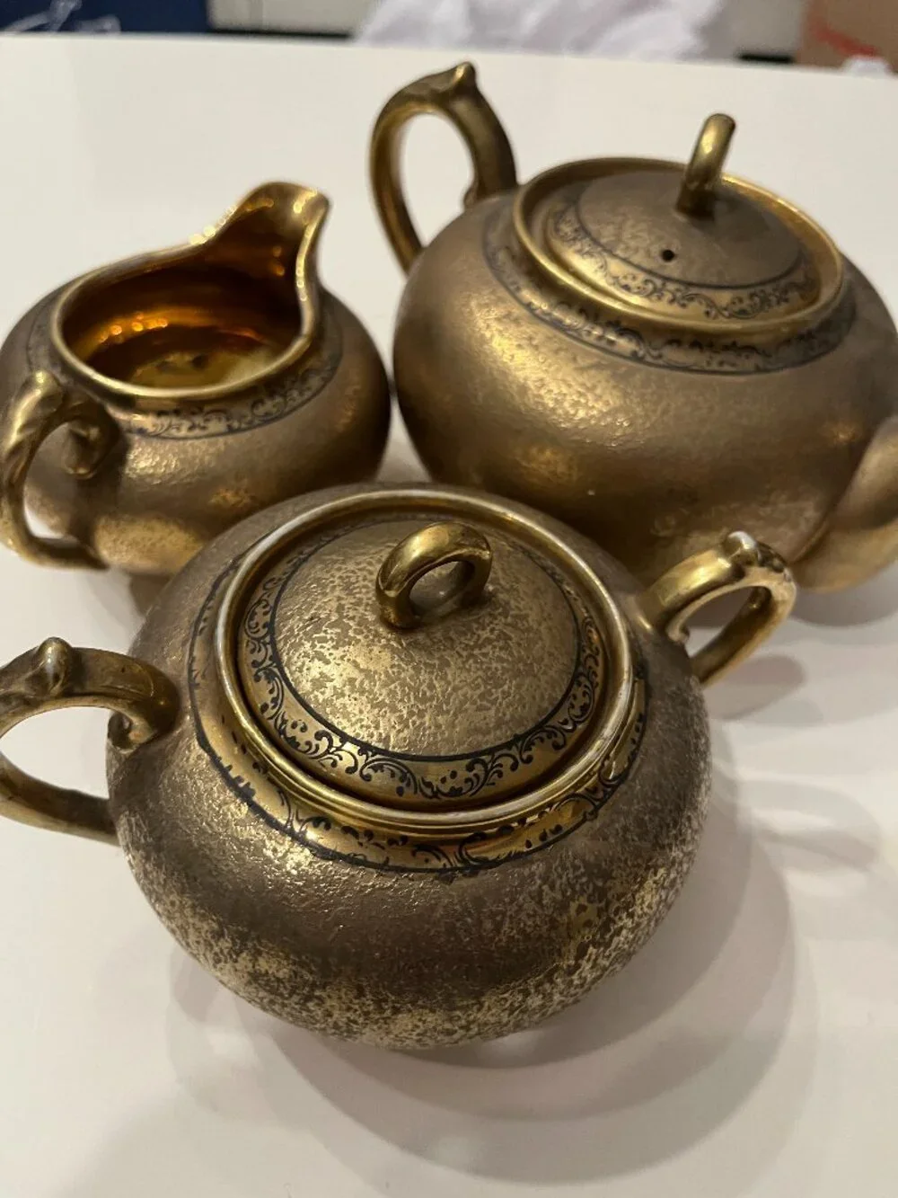 Vintage 3-Piece Japanese Encrusted Weeping Gold Porcelain Tea Set -